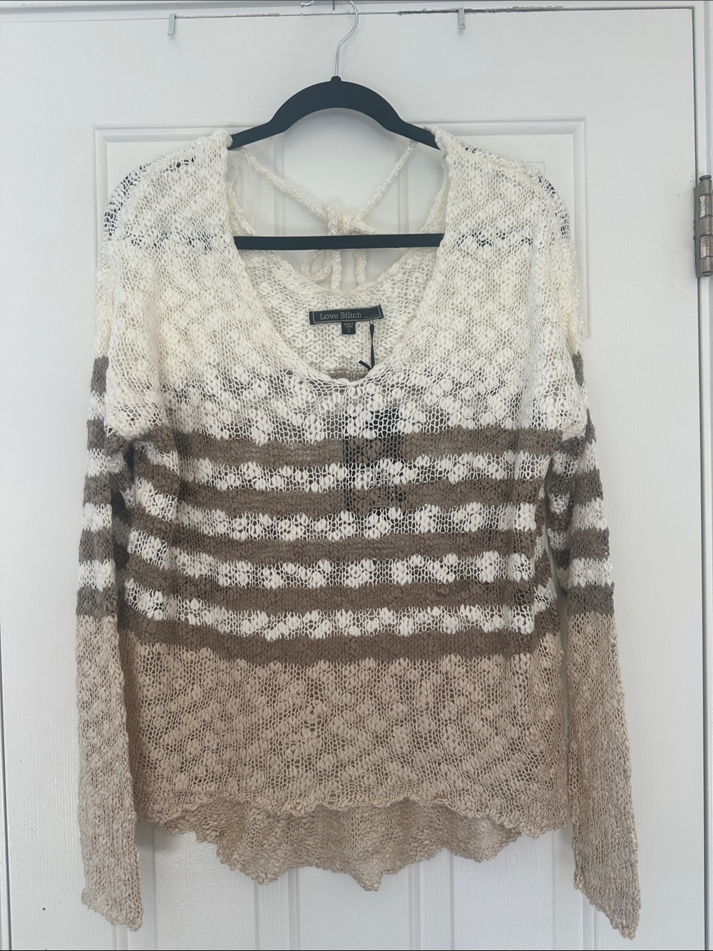 Love Stitch Cream & Brown Striped Open-Knit V-Neck Sweater